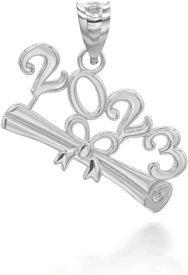 Claddagh Gold .925 Sterling Silver 2023 Graduation Diploma Charm Pendant Necklace with Rolo Chain and Pendant only