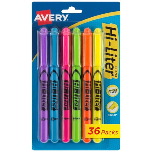 Image of Avery Hi-Liter Pen-Style Highlighters, Smear Safe Ink, Chisel Tip, 6 Assorted Color per Pack, 216 Highlighters Total (36 Packs of 23585)