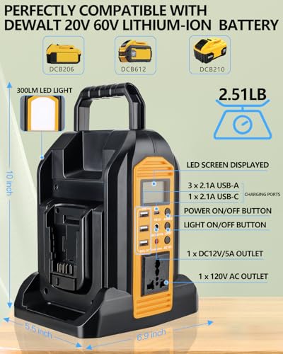 Taingwei 350W Power Inverter for Dewalt 20v 60v Battery, 2-Ports DC 20V to AC 110-120V Pure Sine Wave Battery Inverter with 3 USB-A Port, 1 USB-C Port,300lm LED Light for Camping Emergency(Tool Only) - Image 3