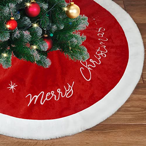 Ywlake Jupe de Sapin de Noël 48 Pouces Grande Jupe de Sapin de Noël en Fausse Fourrure Blanc Rouge pour Décorations de Maison de Vacances de Noël (120cm)