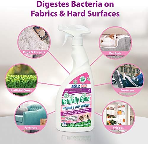 NATURALLY GONE Pet Odour Eliminator, Enzyme Cleaner Removes Smells and Stains, Cat Litter Freshener, Works on Urine, Vomit, Faeces and More - HERBAL FRESH Fragrance