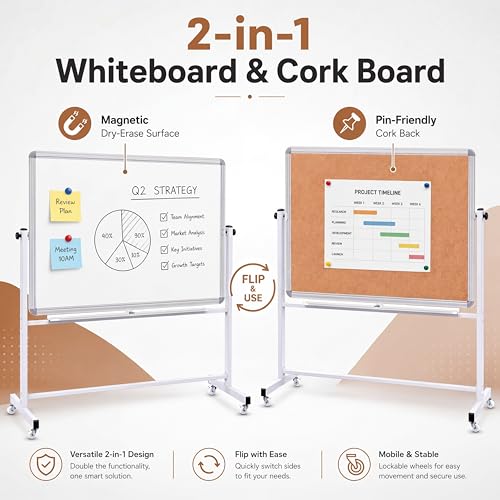 Image of Eersida 45''X 27.5'' Whiteboard Corkboard Combo on Wheels Stand