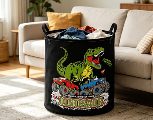Image of ESSME Kids Laundry Basket,Dinosaur Hamper Collapsible Canvas Waterproof Storage Bin for Boys, Cute Hamper,Gift Baskets(Black Dinosaur)