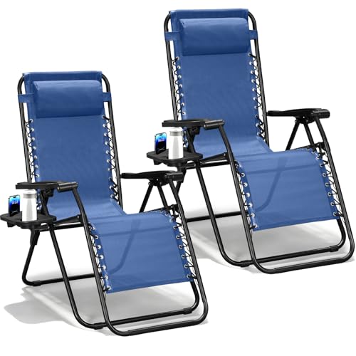 MAKE CHANGES Zero Gravity Chairs Set of 2, Adjustable Lounge Chair Outdoor Recliner, Folding Reclining Lawn Chair, Anti Gravity Chair with Pillow & Cup Holder for Pool Camping Sunbathing Beach Patio
