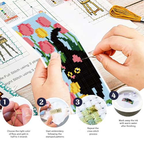 Image of ACRNIGHEET 6PCS Cross Stitch Bookmark Kit for Beginner Stamped Cross Stitch Kits for Adults Cat & Floral DIY Tassel Embroidery Bookmark Kits Needlepoint Kit with Instructions Craft Gift 8.5''x3'' 11CT