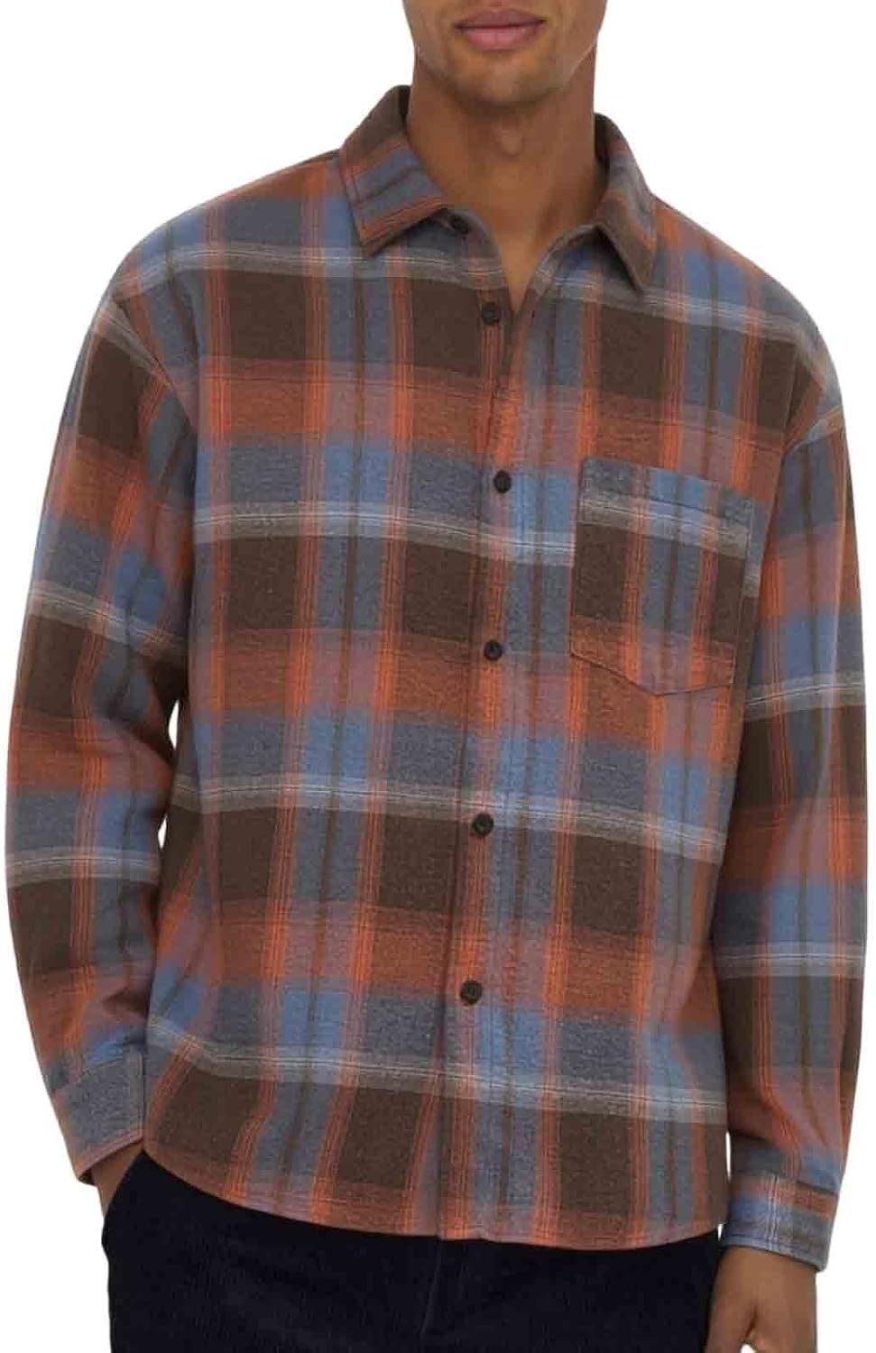 Men Brushed Flannel Plaid Shirt Collared Button Down Trendy Shacket