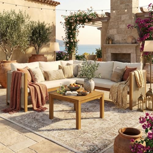 Yihomfy Salon de Jardin avec Canapé d'angle et Table Basse, Cadre et Plateau en Acacia Massif,...