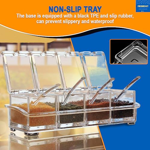 Image of FreshDcart Fdca389 Masala Container | Acrylic 4-Grid Transparent Masala Dabba | Spice Box with Serving Spoons for Masala, Salt, Pepper Storage (1 Pc, Beige)
