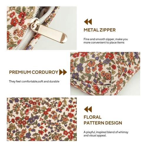 3Pcs Floral Makeup Bags, Cosmetic Bags for Women, Large Capacity Corduroy Makeup bag Set and Portable Mini Makeup Bag,Aesthetic Women Handbags Purses, Travel Essentials Aesthetic Stuff (Floral 01)4