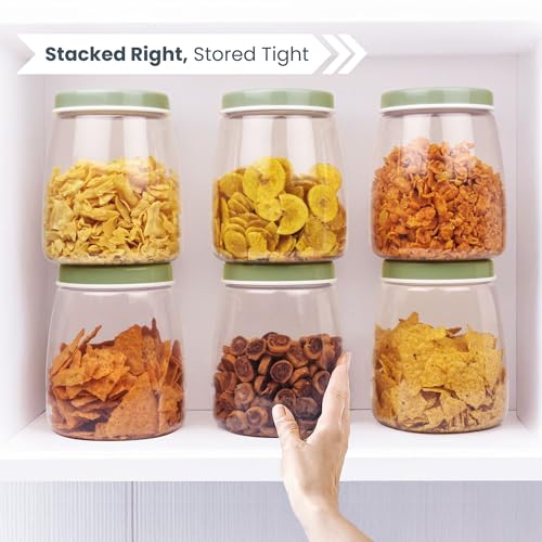 Image of FLAIR Cubics Airtight Food Storage Containers Set of 6 (1500ml each) with Spoons - Green, BPA-Free, PET Plastic Jars, Space-Saving for Pantry, Snacks