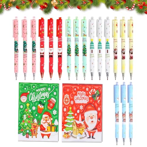 BAOSROY Bolígrafos Navideños,18 Piezas Bolígrafos de Navidad,2 Mini Bloc de Notas de Navidad,Bolígrafo de Tinta de Gel de Navideños,Bolígrafo Retráctiles de Christmas