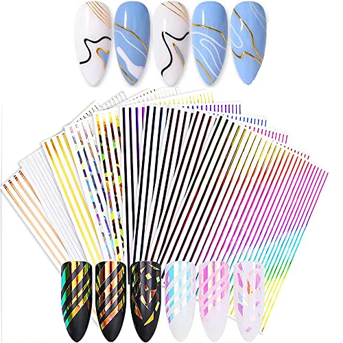 7 Sheets Strip Line Nails Stickers, 3D Metallic Laser Line Gold Silver Adhesive Striping Tape Nail Decals For Women Girls Nail Art Design Deacoration #TOP1