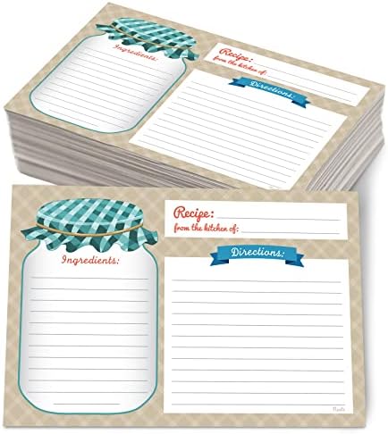 Neatz Mason Jar Recipe Cards - 50 Double Sided Cards, 4x6 inches. Thick Card Stock