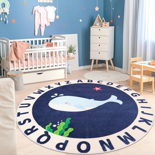 Image of LTKOUGFAM Round Kids Rug for Playroom,4ft ABC Alphabet Whale Kid Rug,Non-Slip Kids Rug Play Mat,Washable Educational Classroom Rug Kids Area Carpet for Kids Room Bedroom Playroom Decor