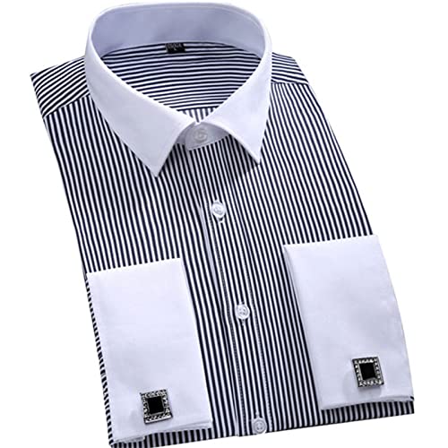 MAOAEAD Camisa de manga larga para hombre, clásica con puños franceses, camisa de vestir a rayas, bolsillo de parche único, camisas de negocios de ajuste estándar (FS12 (gemelos al azar), 44/4XL)