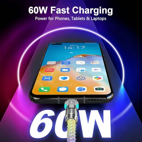 Image of Verilux 60W Type C Cable Fast Charging with RGB Colorful Gradual, 3.3Ft 180 Degree Flexible C Type Charger Cable, 480Mbps Data Transmission USB C for iPhone 17 /17 Pro /17 Pro Max /16 /15, Galaxy S26 /S25