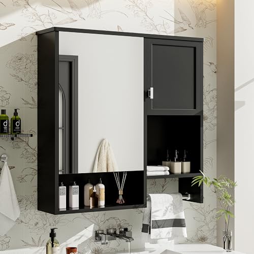 Virubi Modern Bathroom Medicine Cabinet, Bathroom Wall Storage Cabinet with Mirror, Over The Toilet Space Saver Cabinet with Towels Bar (Black)