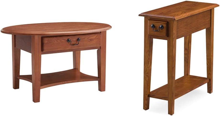 Leick Solid Wood Side End Table and Oval Coffee Table - Storage Drawers - Solid Wood - Hand Applied Rustic Oak Finish