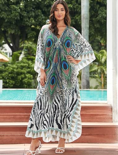 Image of KECVOT Kaftan Dresses for Women Plus Size Batwing Sleeve Caftans Long Bathing Suit Cover Up Maxi Beach Dress Loungewear