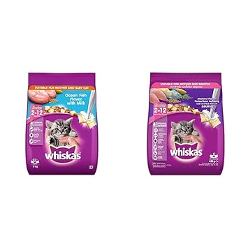 Whiskas Kitten (2-12 Months) Dry Cat Food, Ocean Fish Flavour with Milk, 3 Kg Pack & Kitten (2-12 Months) Dry Cat Food, Mackerel Flavour, 450G Pack