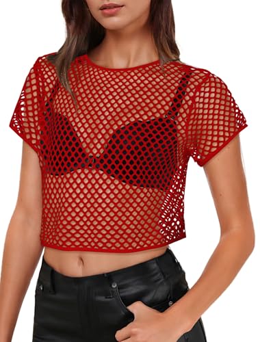 Image of Womens Sheer Mesh Top Fishnet T Shirts Short Sleeve See Through Casual Crop Tops