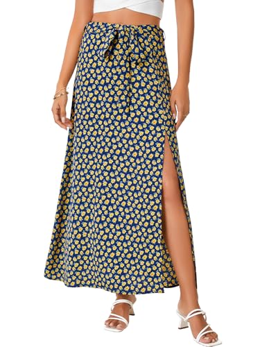 LYANER Women's Floral Print Split Front Tie Knot High Waisted Boho Beach Maxi Skirts2