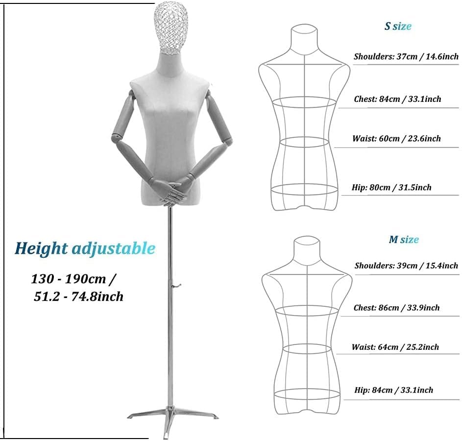 Torso-Mannequin-Ständer, weibliche Schaufensterpuppe, weibliche Schaufensterpuppe, Torso-Mannequin, Damen-Kleidung, Kleider-Display mit Stativfuß (mit Armen, Größe S)