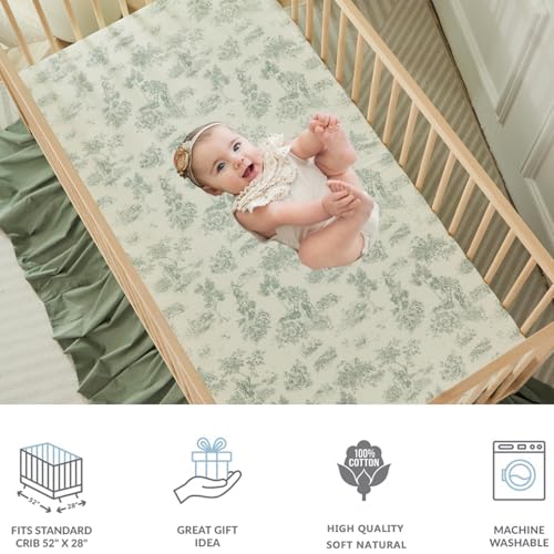 Image of Brandream Baby Crib Sheets for Girls Boys, Fitted Crib Sheet for Standard Crib and Toddler Mattress, Super Soft 100% Cotton Baby Sheet French Country Toile Floral Print,Green
