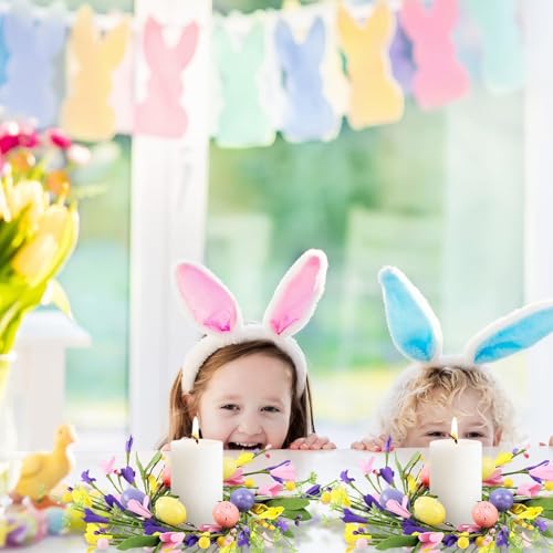 Image of Pillar Candle Ring Wreaths Mini Purple Lavender Table Centerpieces Wreath 9 Inch Wreath for Cabinets Artificial Farmhouse Lavender Wreaths for Front Door Porch Wall Window (6, Easter-2)