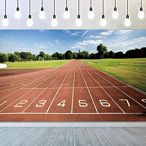 YongFoto 7x5ft Running Track Backdrop Red Runway Green Lawn Playground Background for Photography School Track and Field Athletics Decor Banner Photo Backdrop for Sports Parties