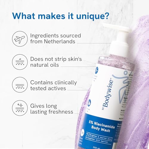 Image of Be Bodywise 5% Niacinamide Brightening Body Wash | Hydrates & Deep Cleanses Skin | For Glowing & Hydrated Skin | With Aloe vera, Vitamin B3 & E | For All Skin Types | 250ml