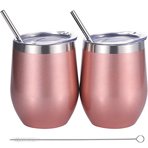 Skylety 12 oz Double-insulated Wine Tumbler, Stainless Steel Tumbler Cup with Lids and Straws for Wine, Coffee, Drinks, Champagne, Cocktails, 2 Sets (Rose Gold)
