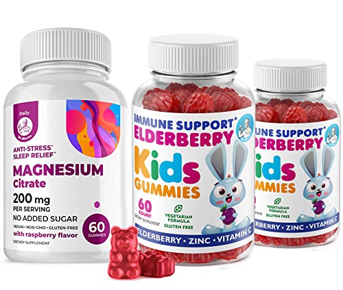 Elderberry Gummies For Kids And Magnesium 200 Mg Gummies Sugar-Free - Natural Immune System Booster And Health Support With Elderberries Extract With Magnesium Calm Chews For Kids & Adults Sugar-Free #TOP11