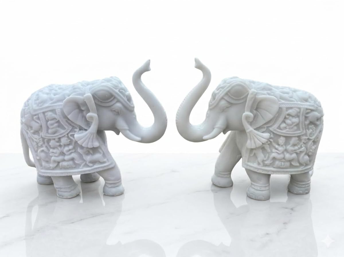 VAMIKA HANDICRAFTS Pack of 2 White Marble Dust Elephant Showpieces Home Decor for Living Room, Table, Shelf (6 X 7 Inch)
