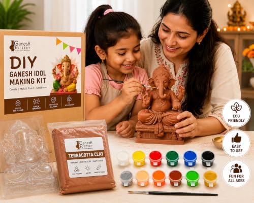 Image of DIY Ganesha Idol Making Kit with Terracotta Clay, Reusable PET Ganesha Mould, 12 Tempera Colours & Brush | Clay Craft Kit for Kids & Adults | Ganesh Chaturthi DIY