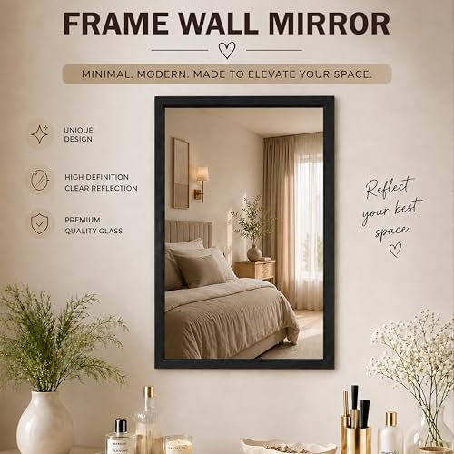 Image of Rousrie Premium Framed Glass Wall Mount Mirror, Decorative, for Bathroom, Bedroom, Living Room and Entryway, Wash Basin (14 by 20 Inch) (Solid Black)