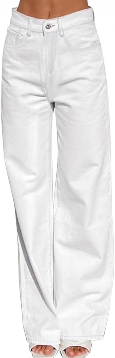 Amazon.com: Jeans blancos para mujer, pantalones de mezclilla de pierna  ancha, de cintura alta, holgados, elásticos, de pierna recta, pantalones  largos de ajuste relajado : Ropa, Zapatos y Joyería