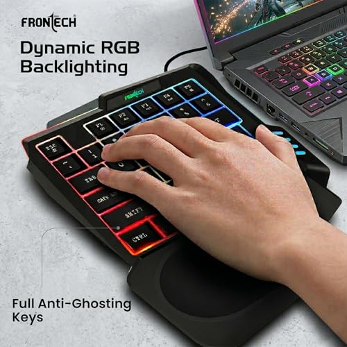 Image of Frontech 4-in-1 Gaming Combo | RGB 35-Key Keyboard + 3200 DPI Mouse + BT 5.4 Converter + Foldable Mobile Holder | Anti-Ghosting | Wired Setup for Android Gaming (KB-0008PC)