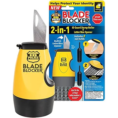 ID Police Blade Blocker 2-in-1 Guard Stamp & Box Cutter & Letter Opener, Permanent Graphic Conceals Sensitive Info, Built-in Knife for Opening Packages, Works on All Types of Paper, Yellow, 3 in. Cover