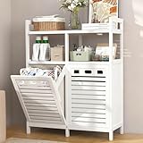VASMIA Tilt Out Laundry Hamper Cabinet, Bamboo Double Laundry Hamper with 2 Removable Laundry Baskets, 20 Gal Laundry Sorter Organizer with Shelf for Dirty Clothes, Bathroom, Laundry Room, White