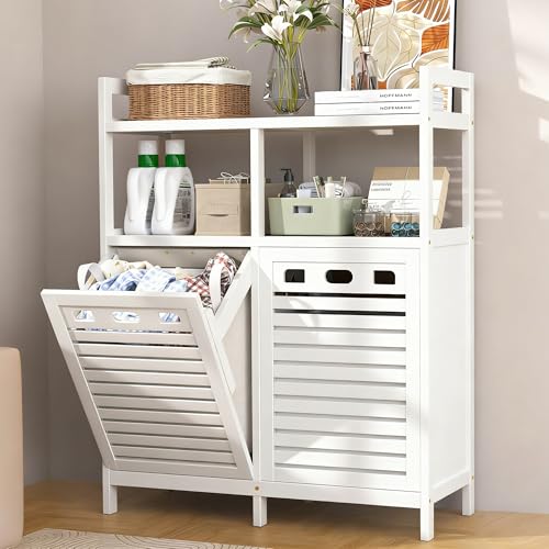 VASMIA Tilt Out Laundry Hamper Cabinet, Bamboo Double Laundry Hamper
