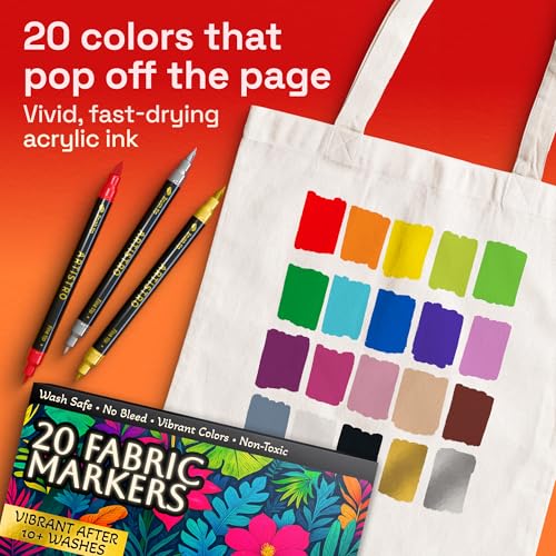 Image of ARTISTRO 20 Fabric Markers for Clothes and Textiles - Permanent No-Bleed Fabric Decorating Kit for T-Shirts, Bags, Canvas, Shoes, and Crafts