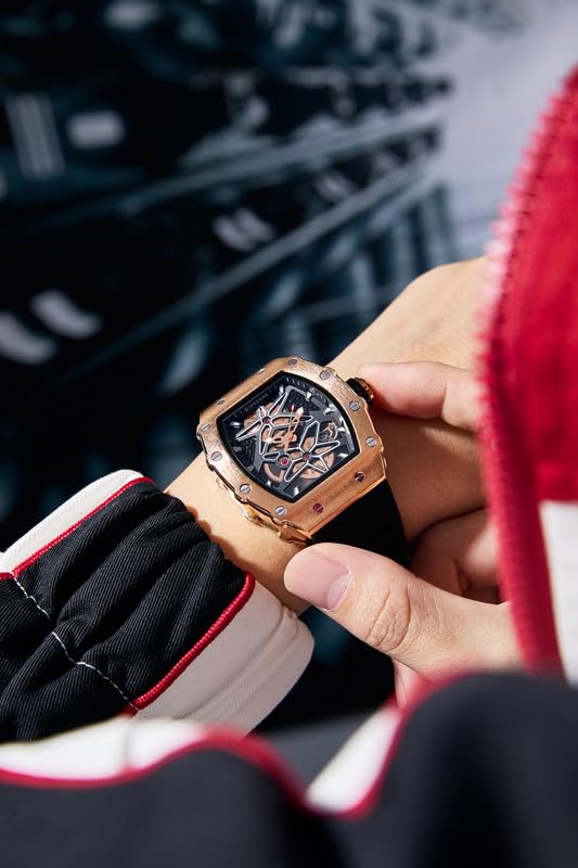 Image of Giordano Analog Skeleton Dial Watch for Men - Tonneau Case, Silicone Strap, Open-Gear Sport Design, Quartz Movement