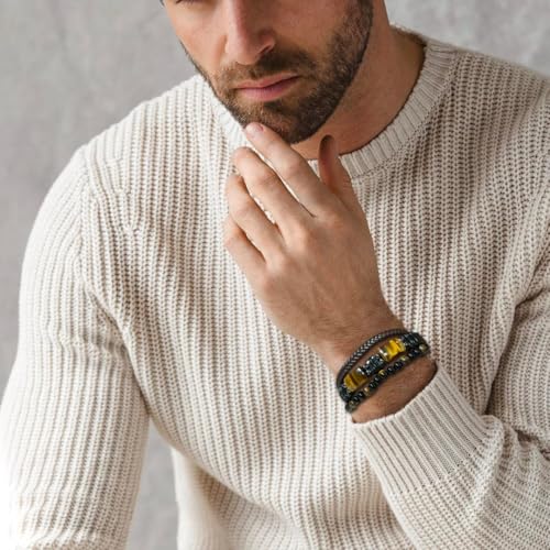 Mens Tiger Eye Leather Bracelet, Natural Tiger Eye Stone Beads Multi-Layer Braided Cuff Bracelets for Men, Stainless Steel with Buckle Memorial Bangle Gifts for Him2