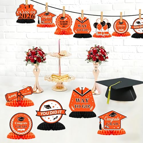 Image of Graduation Decorations 2026, 10PCS Graduation Centerpieces for Table Orange Black Graduation Party Decorations Class of 2026 Congrats Grad Honeycomb Centerpieces Table Decor Graduation Party Supplies
