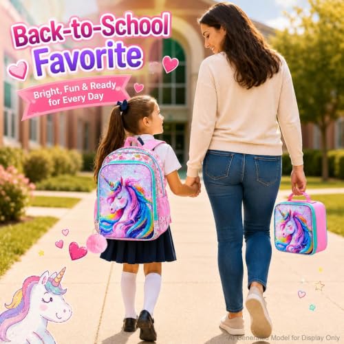 Image of CCJPX 3Pcs Unicorn Backpack for Girls, 16 inch Sequin Bookbag with Lunch Box, Lightweight Toddler School Bag for Elementary Kindergarten Preschool (Pink)