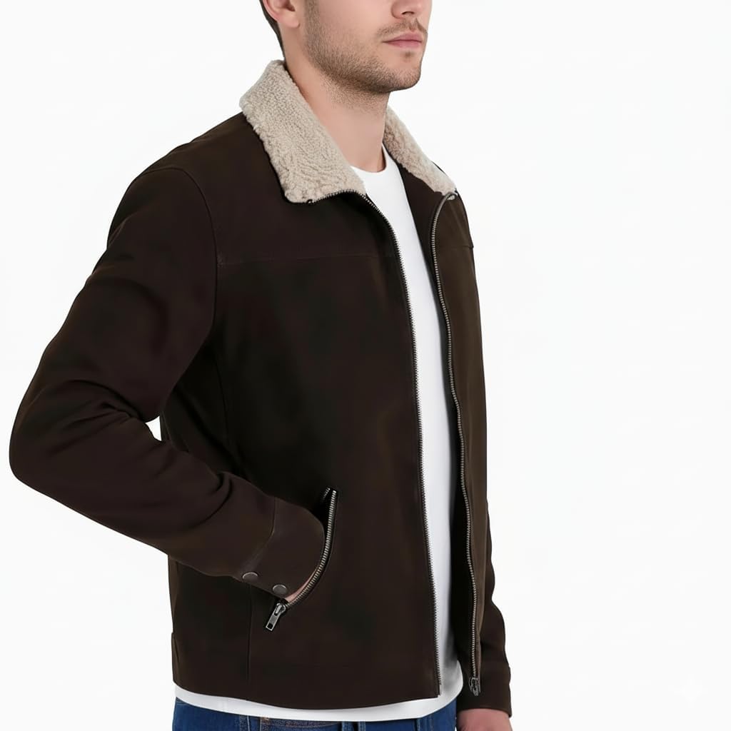 Men's Brown Suede Leather Fur Shearling Collar Jacket - Black Leather Motorcycle Jacket Men - Brown Corduroy Coat