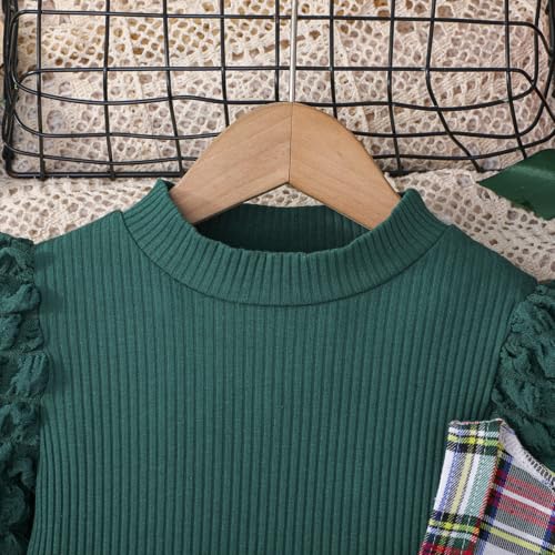 Image of Toddler Girls Christmas Outfits Girls Puff Sleeve Knit Ribbed Tops Button Down Vest Plaid Skirt Set Winter Clothes