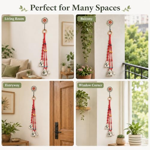 Image of KAAMERI BAZAAR Macrame Wind Chimes Enhance Living Space for Diwali (4 Bells, 1 Ring Tied with Red Macrame Thread)