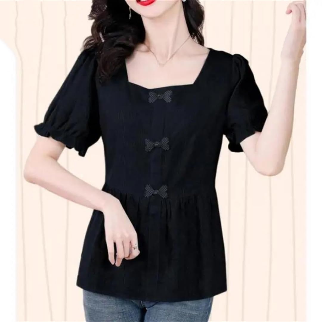 Camicia da donna a maniche corte estiva da ufficio con fiocco e bottoni, scollo quadrato, in cotone